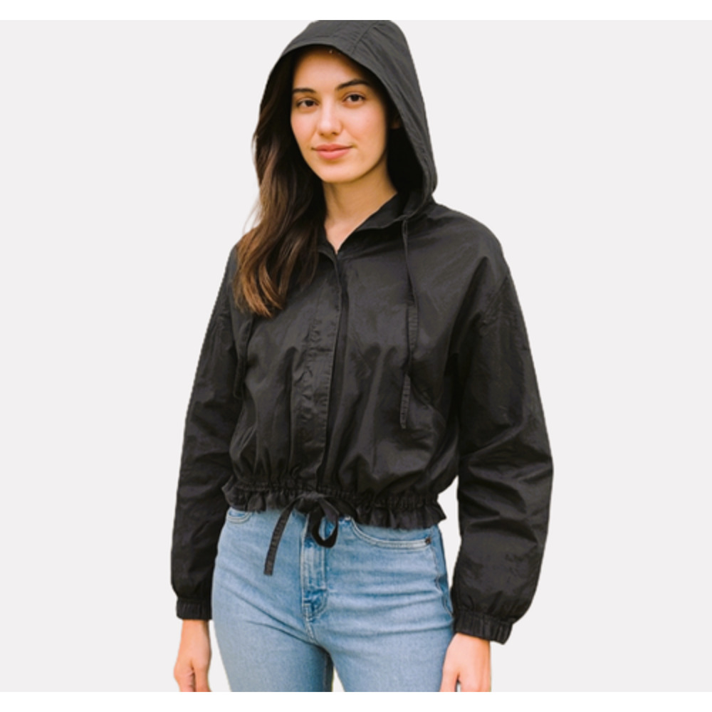 ENVT enAvant Cotton Long Sleeve Hooded Coated Windbreaker Jacket Black Women S/M